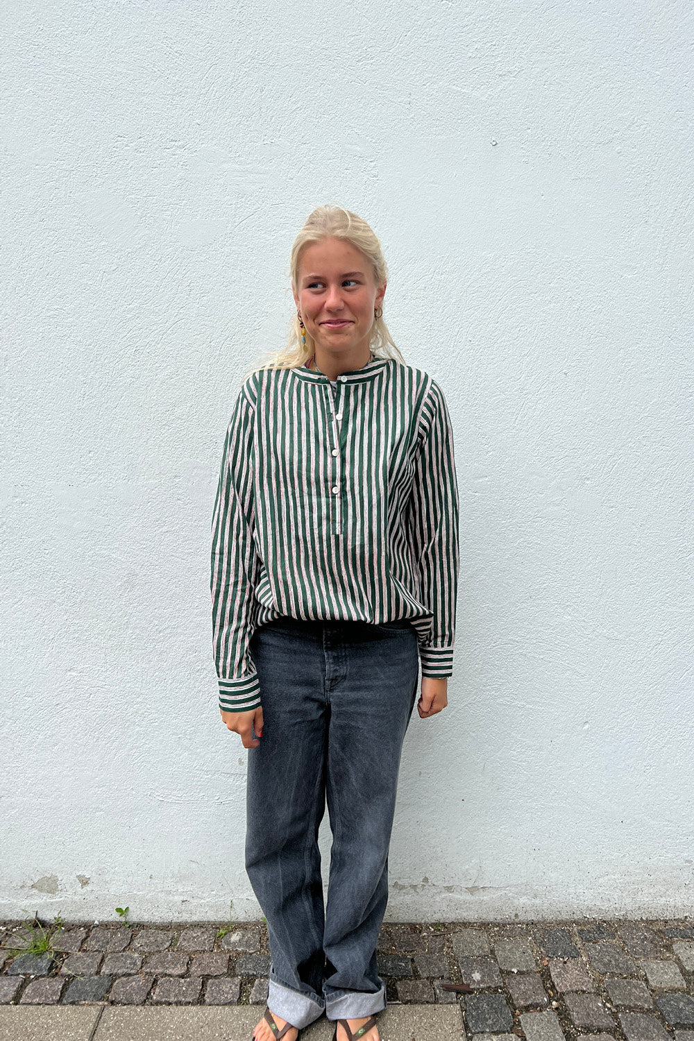 BELLA - BOMULD - SKJORTE - GRØN STRIPE